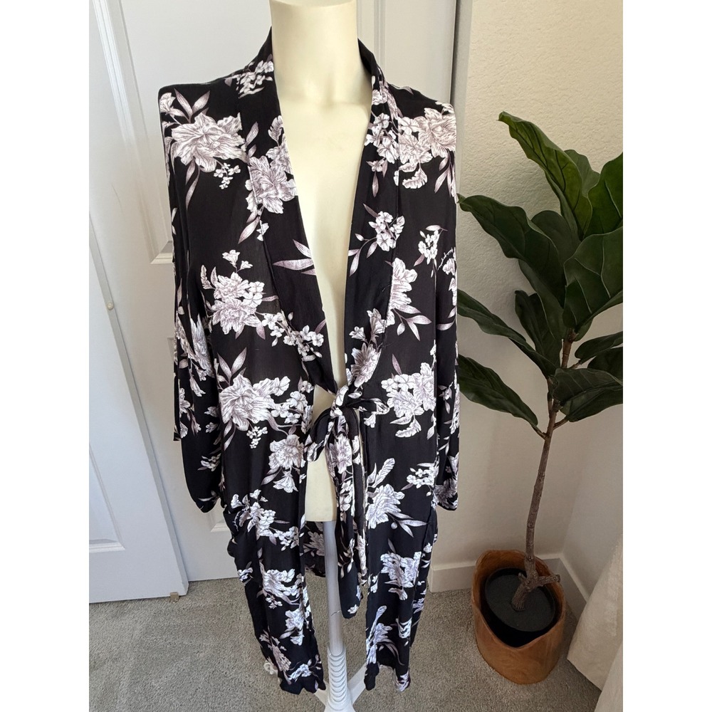Spiritual Gangster Floral Kimono Robe Black Mauve Longline Tie Front OS Boho